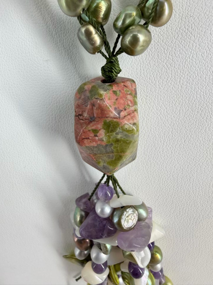 Multi Colored Jasper, Amethyst, Pearl & Shell  Necklace