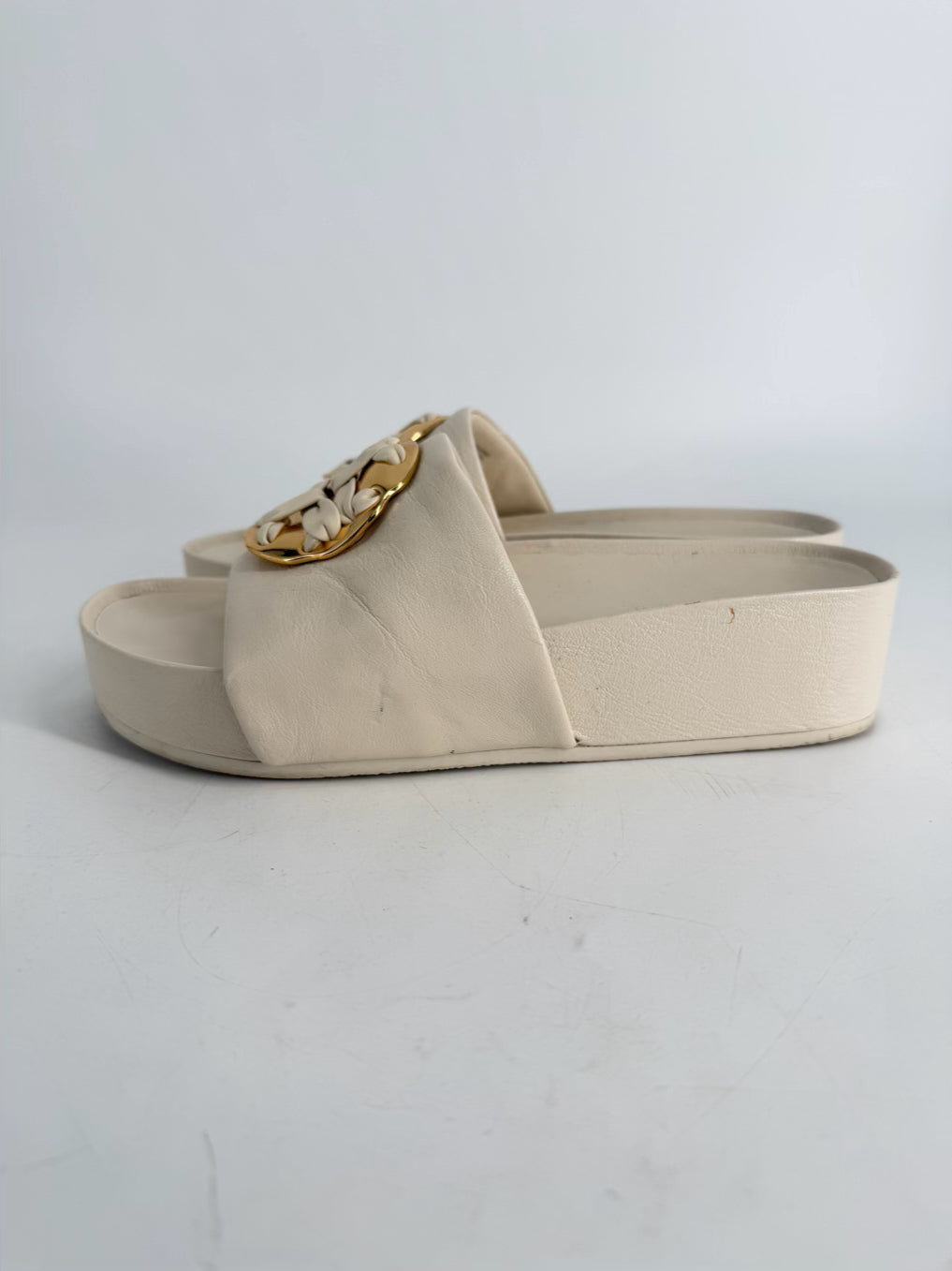TORY BURCH Size 9.5 Cream & Gold Leather Platforms