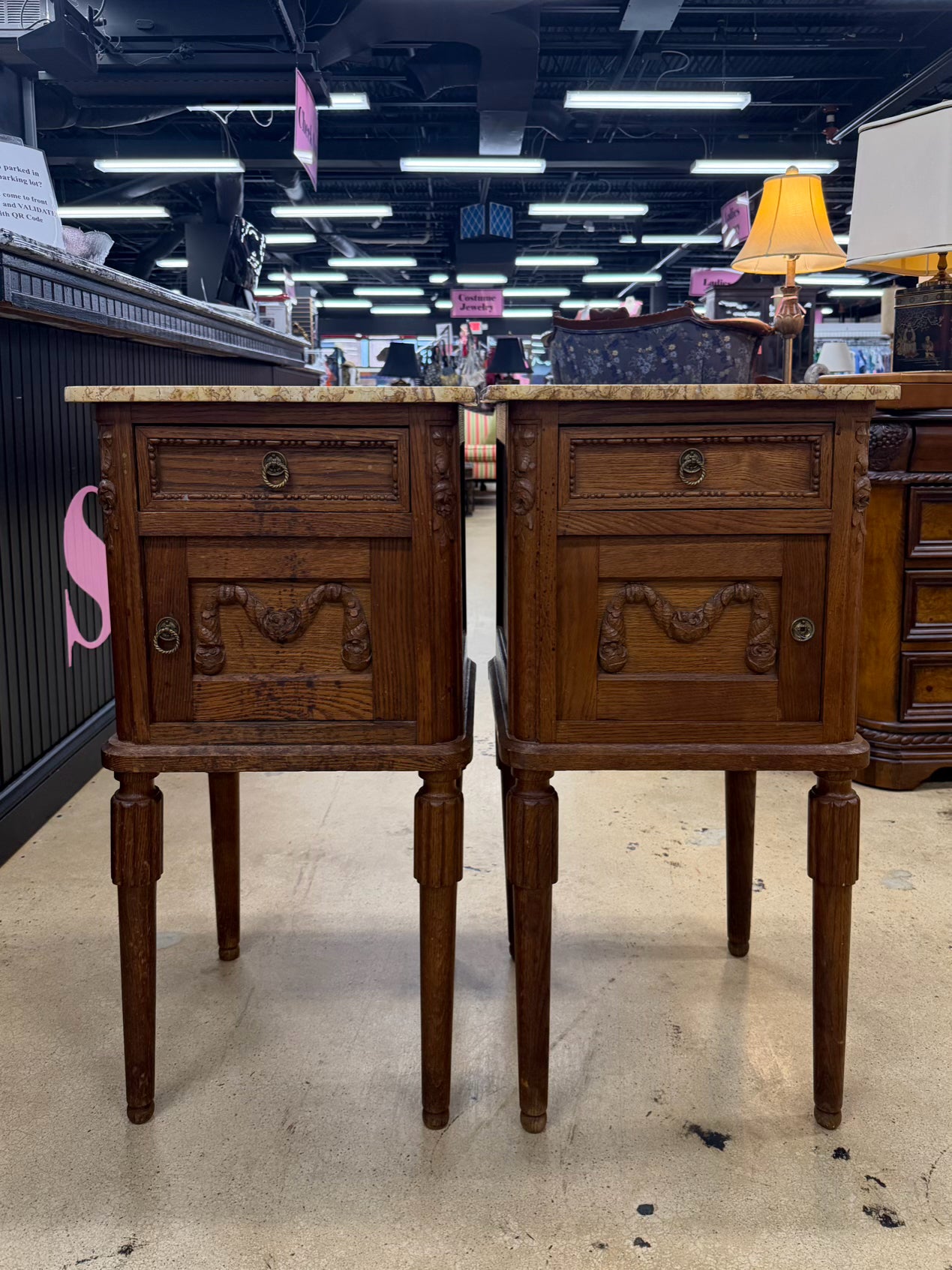 Light Oak Pair of End Tables w/ Stone Top