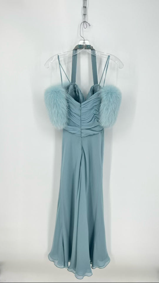 BELLVILLE SASSOON by LORCAN MULLANY Size 10 Ice Blue Fox Fur Silk Evening Gown