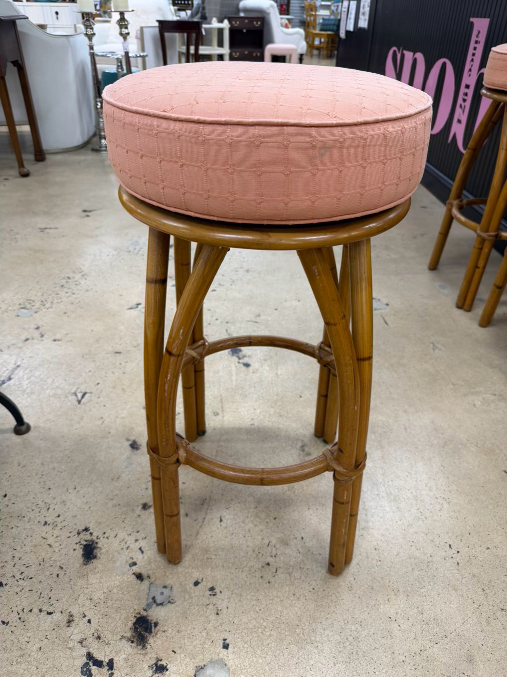 VINTAGE Natural Swivel Bamboo Set Of 3 Bar Stools w/ Fabric Seats