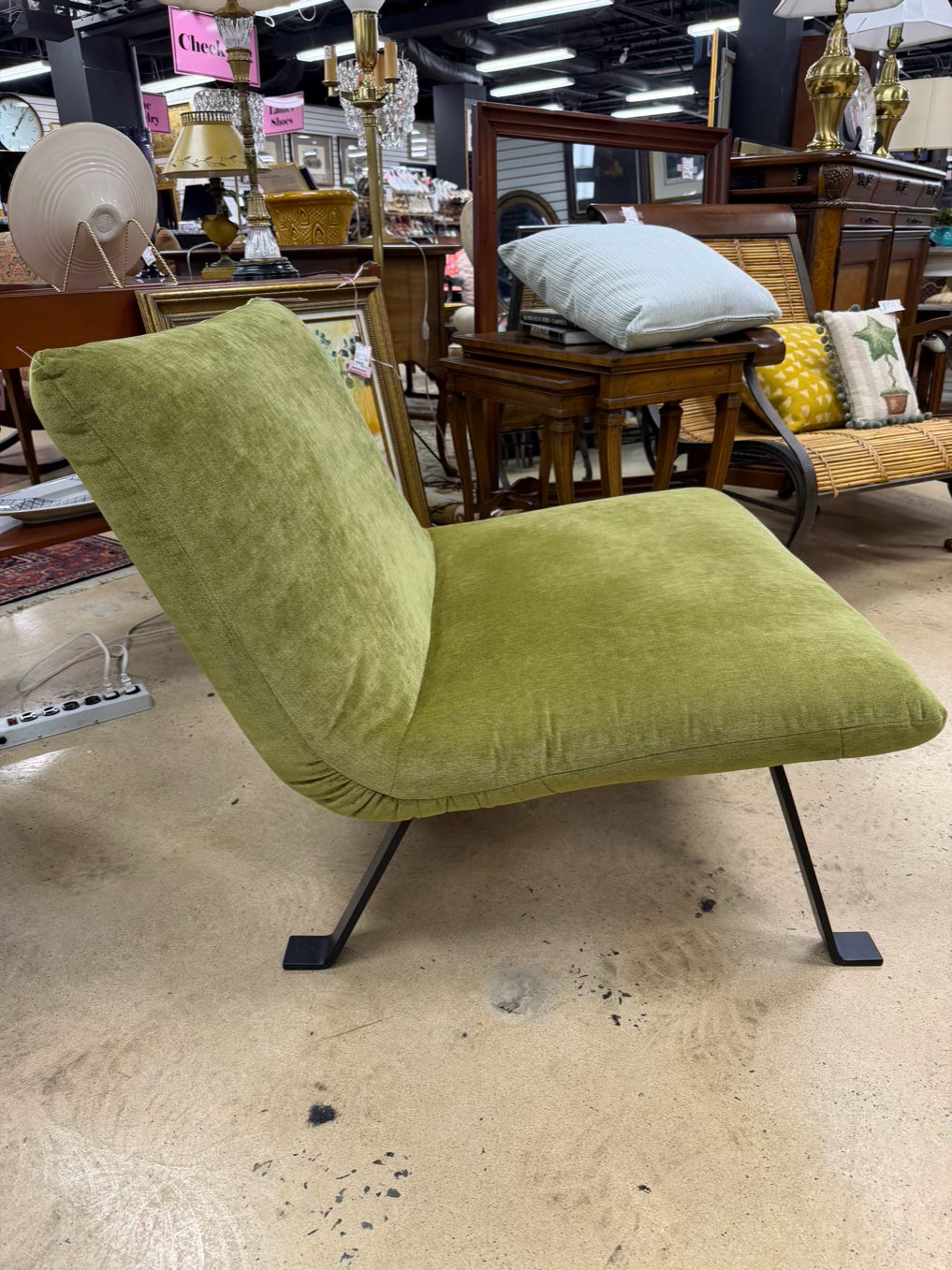 Green Armless Chair w/ Black Iron Legs