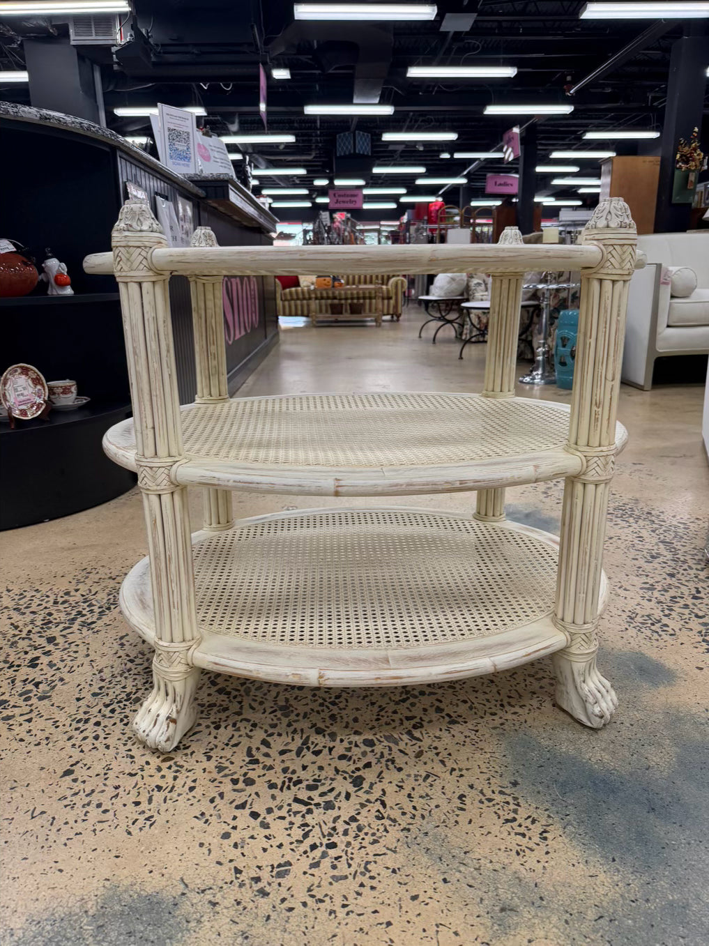 White Wood Occasional 3 Tier Table w/ Cane Shelves