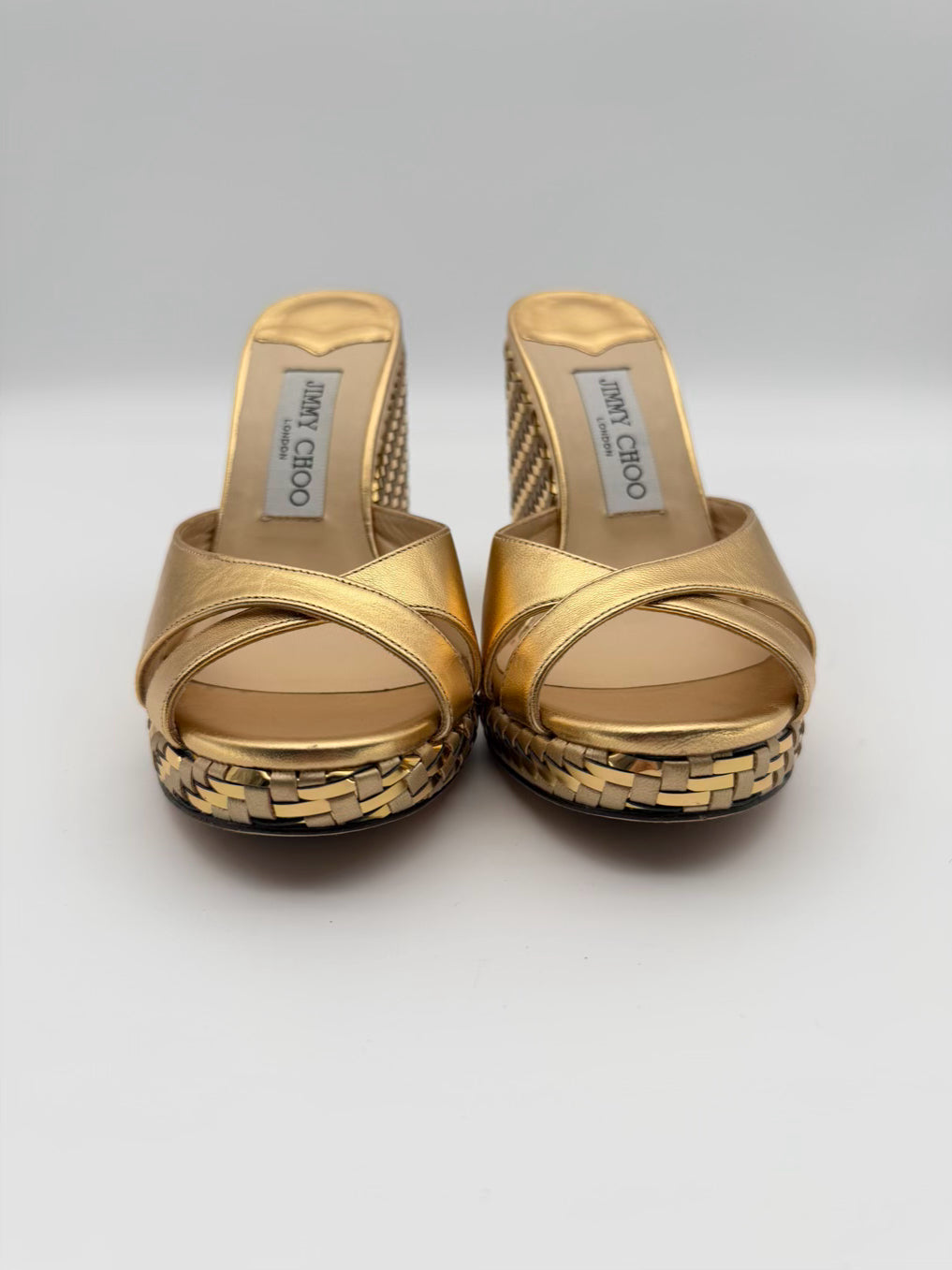 JIMMY CHOO WMNS Size 37.5 Almer Metallic Gold Woven Leather Wedge Sandals