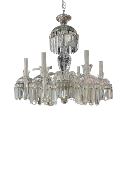 Clear & Silver Crystal & Polished Chrome 6 Arm Chandelier w/ Prisms