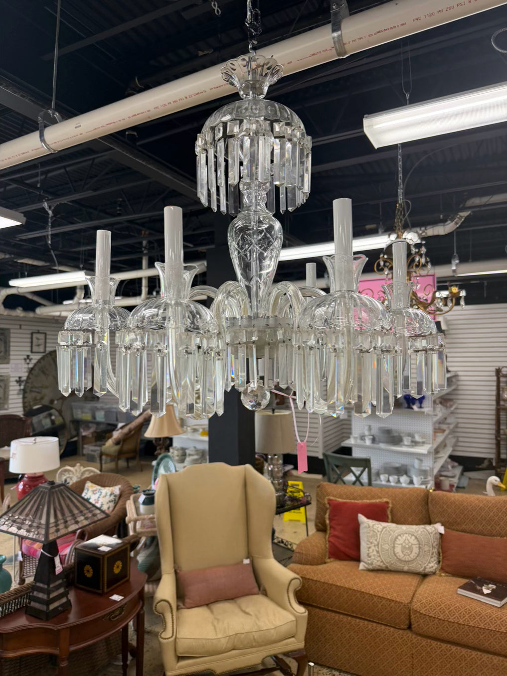 Clear & Silver Crystal & Polished Chrome 6 Arm Chandelier w/ Prisms
