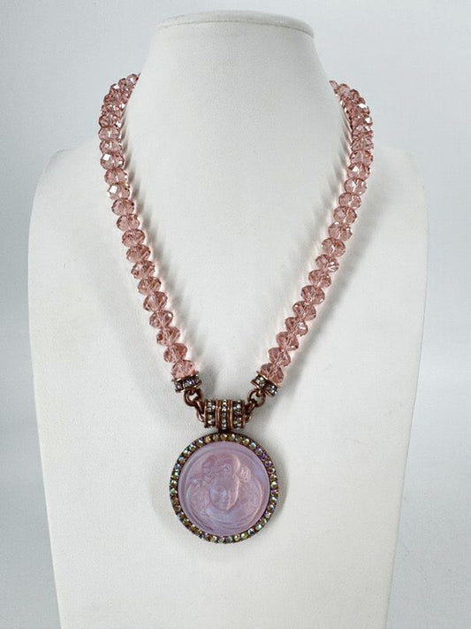 KIRKS FOLLY Rose Gold Tone Pink Angel Cameo Pendant Necklace