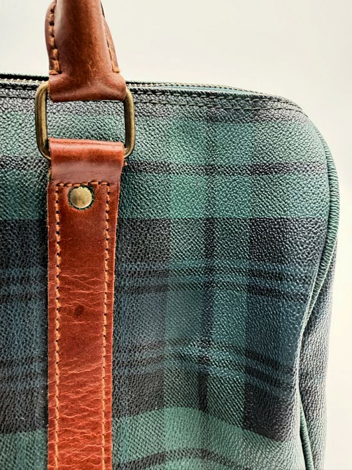 POLO RALPH LAUREN Blue & Green Coated Canvas Plaid Purse