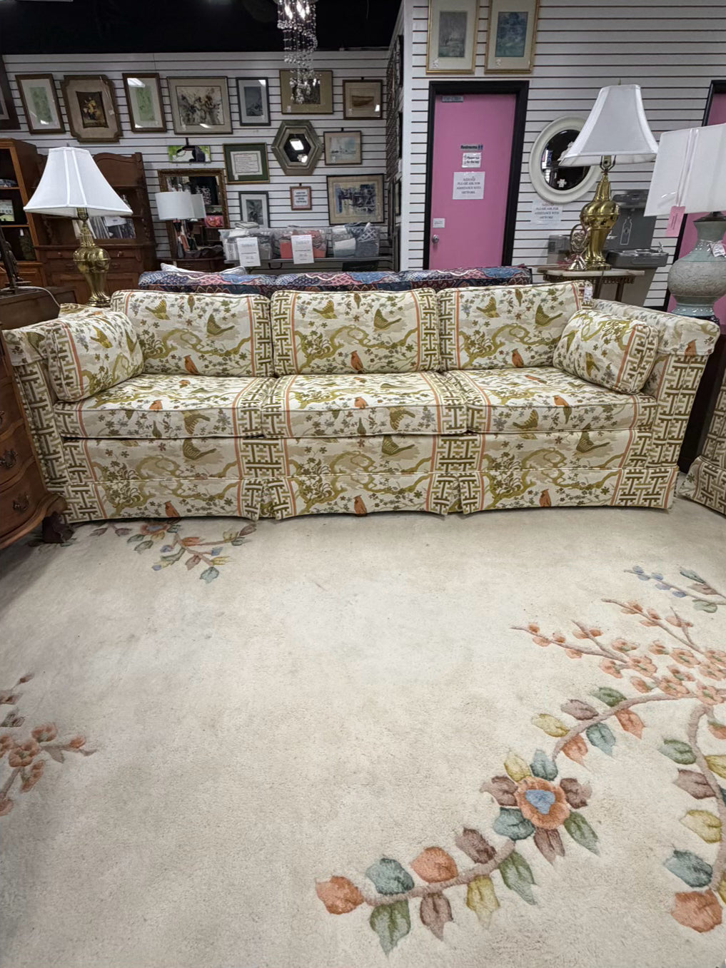 VINTAGE Cream, Gold, Green & Rust Birds Sofa w/ 3 Cushions