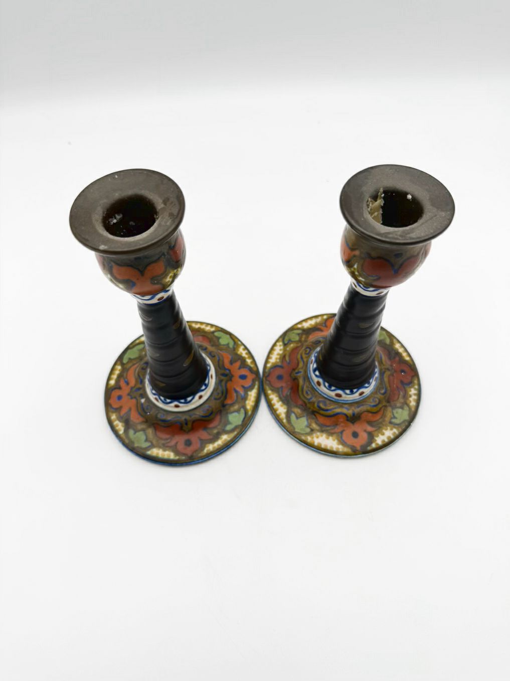 ANTIQUE HOLLAND Gouda Brown, Blue & Orange Pottery Pair Of Candleholders