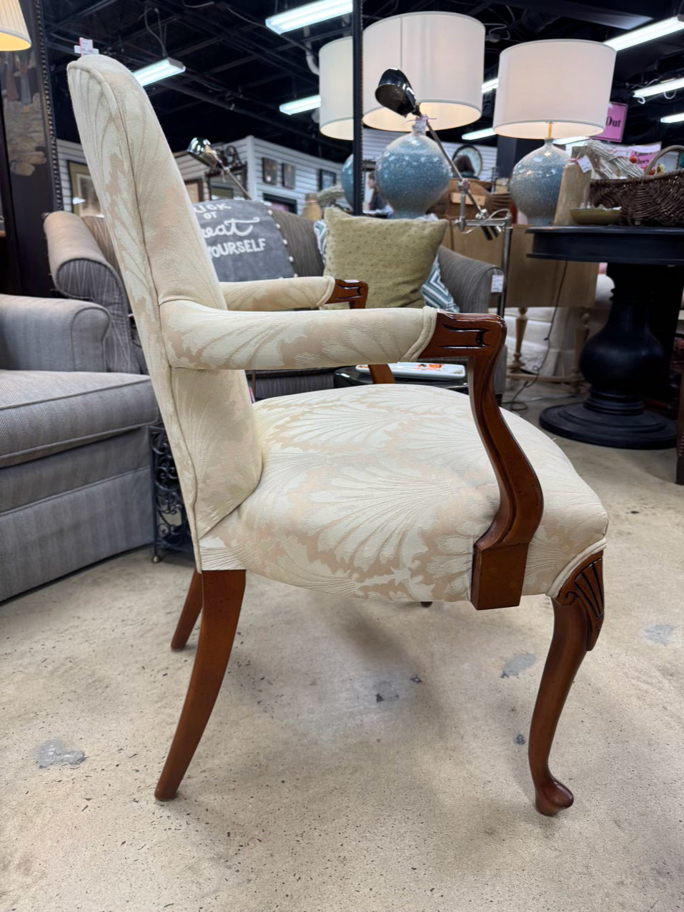 CENTURY Yellow Damask Upholstered Wood Queen Ann Pair of Chairs