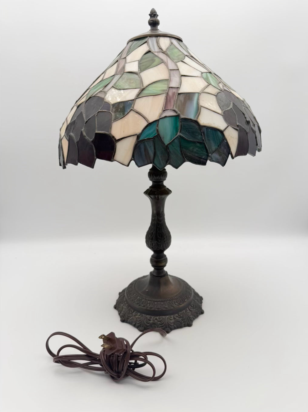 Tiffany Style Metal Lamp w/ Purple, Green & White Shade