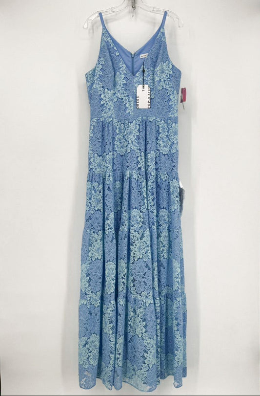 DRESS THE POPULATION Size L Sky Blue Mesh Floral Maxi-Dress NWT