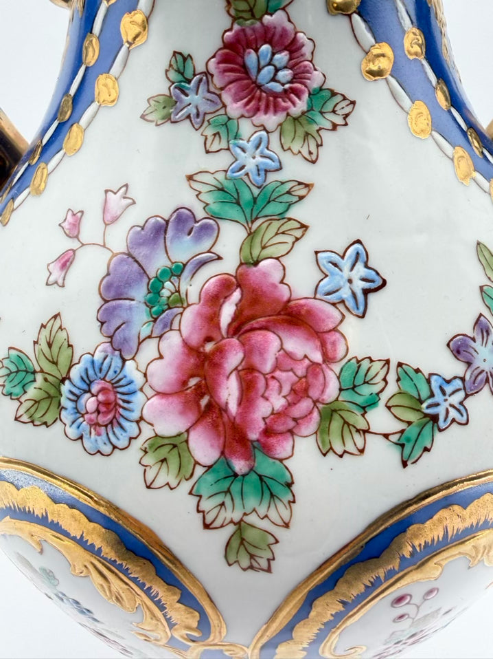 Blue, White, Pink & Green Amphora Floral Porcelain Pair Of Vases w/ Handles