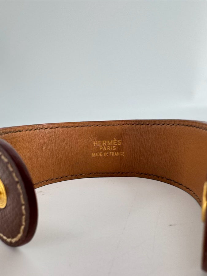 HERMES Brown Leather Gold Tone Stud Cuff Bracelet