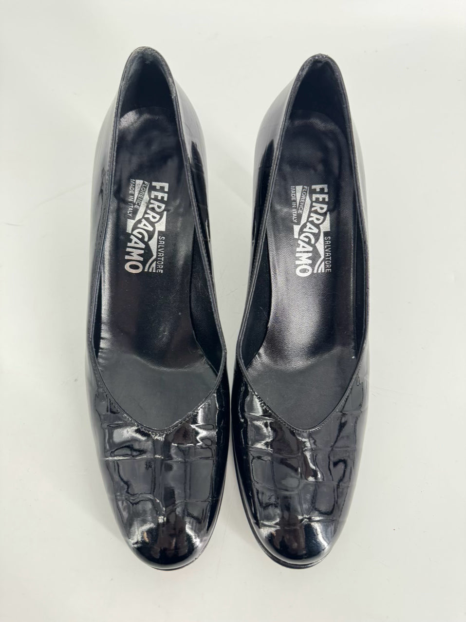 SALVATORE FERRAGAMO Size 7 Black Embossed Leather Heels