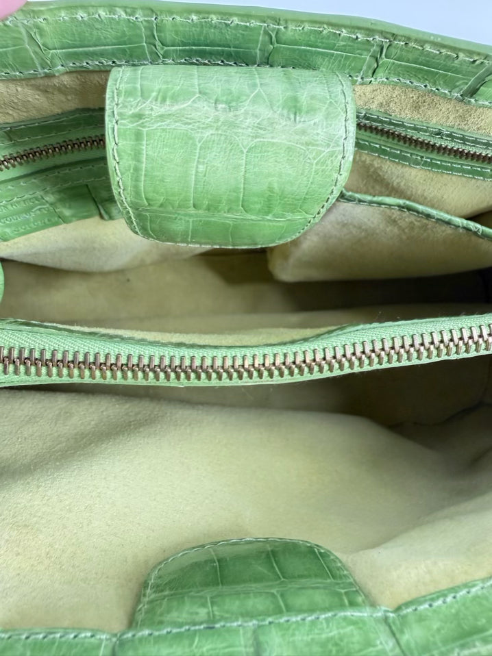 NANCY GONZALEZ Green Exotic Python , Crocodile & Canvas Tote Shoulder Bag