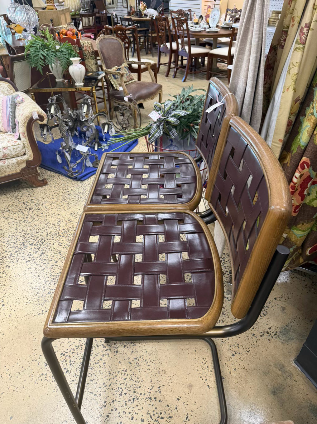 REVIVAL Brown Leather & Metal Pair Of Bar Stools