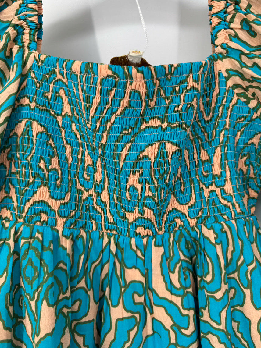 ANNA CATE Size M Turquoise Print Rouching Violet Blouse NWT