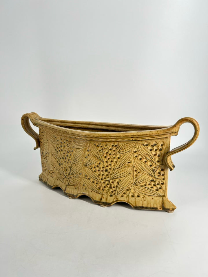 SIGNED Gold & Tan Pottery Vase w/Handles