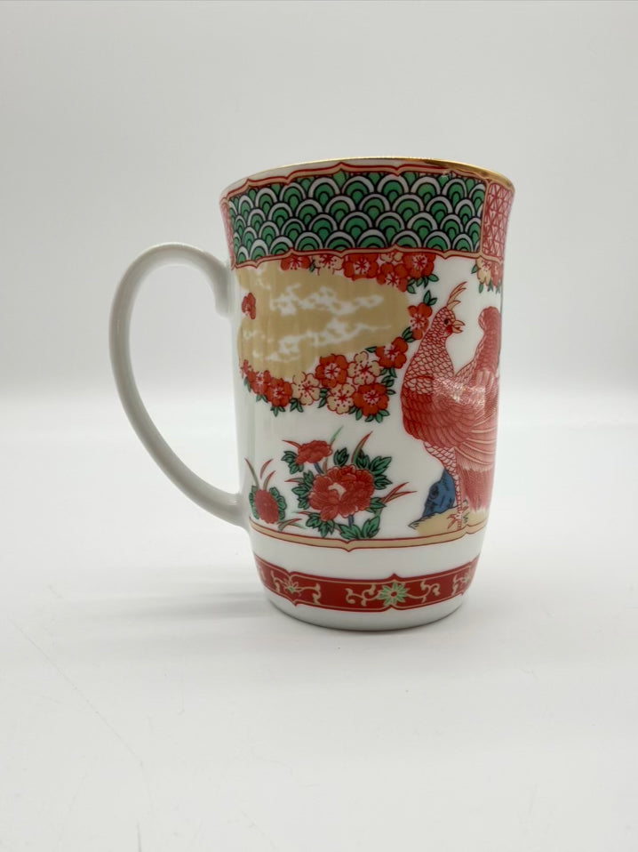 GUMPS Rust, White & Green Porcelain Set Of 12 Peacock Mugs