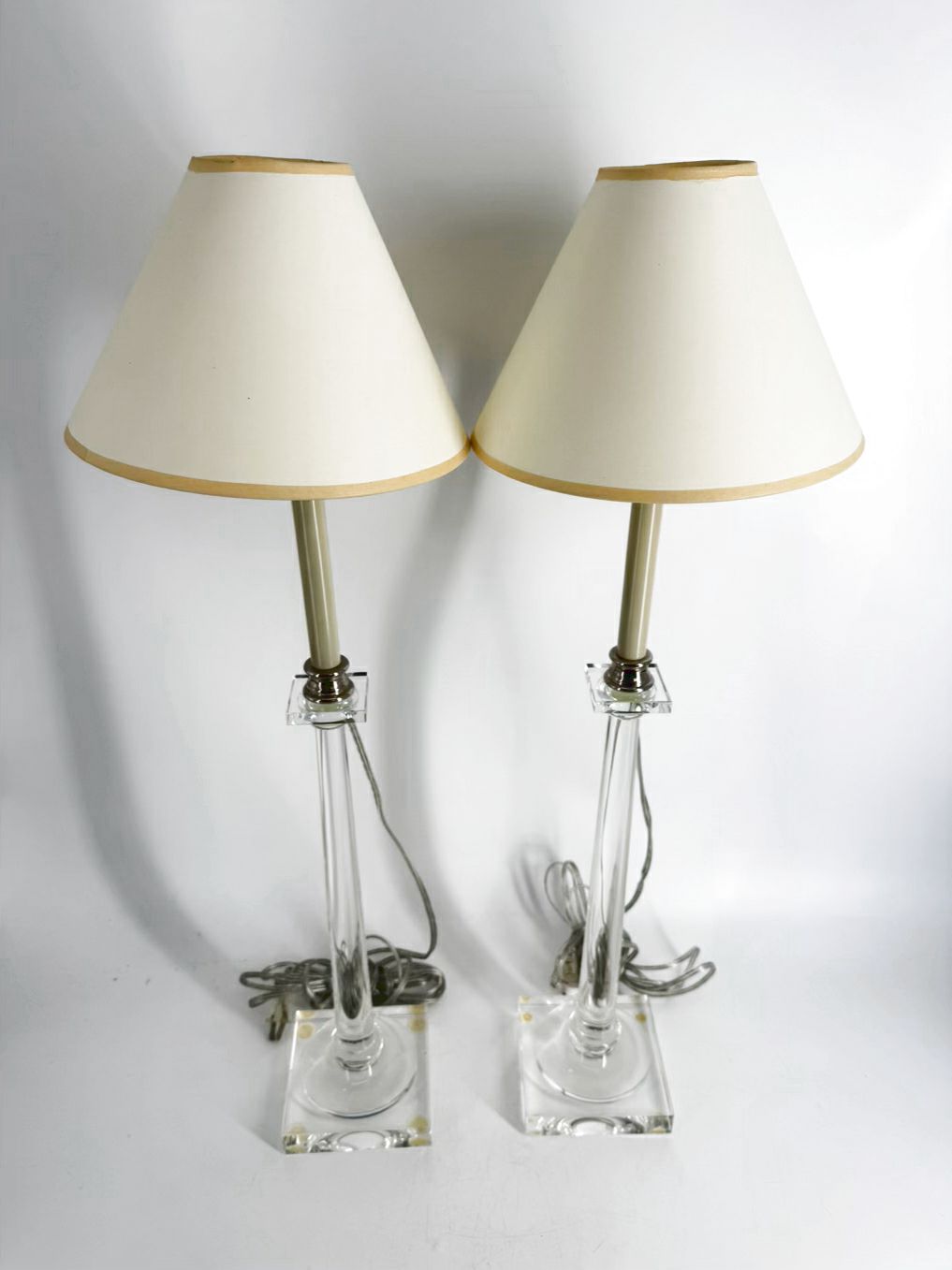 Clear Acrylic Pair Of Tall Candlestick Lamps w/ Shades