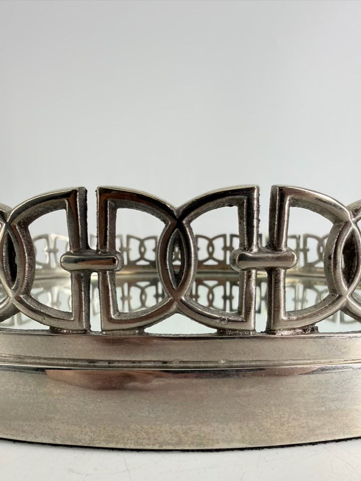 ETHAN ALLEN Silver Metal Oval Mirrored Tray