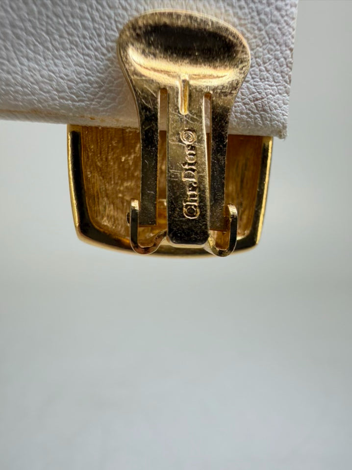 VINTAGE CHRISTIAN DIOR Black Gold Tone Rhinestone Clip On Earrings