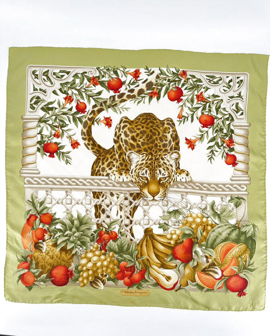 SALVATORE FERRAGAMO Green & Orange Tiger Silk Scarf