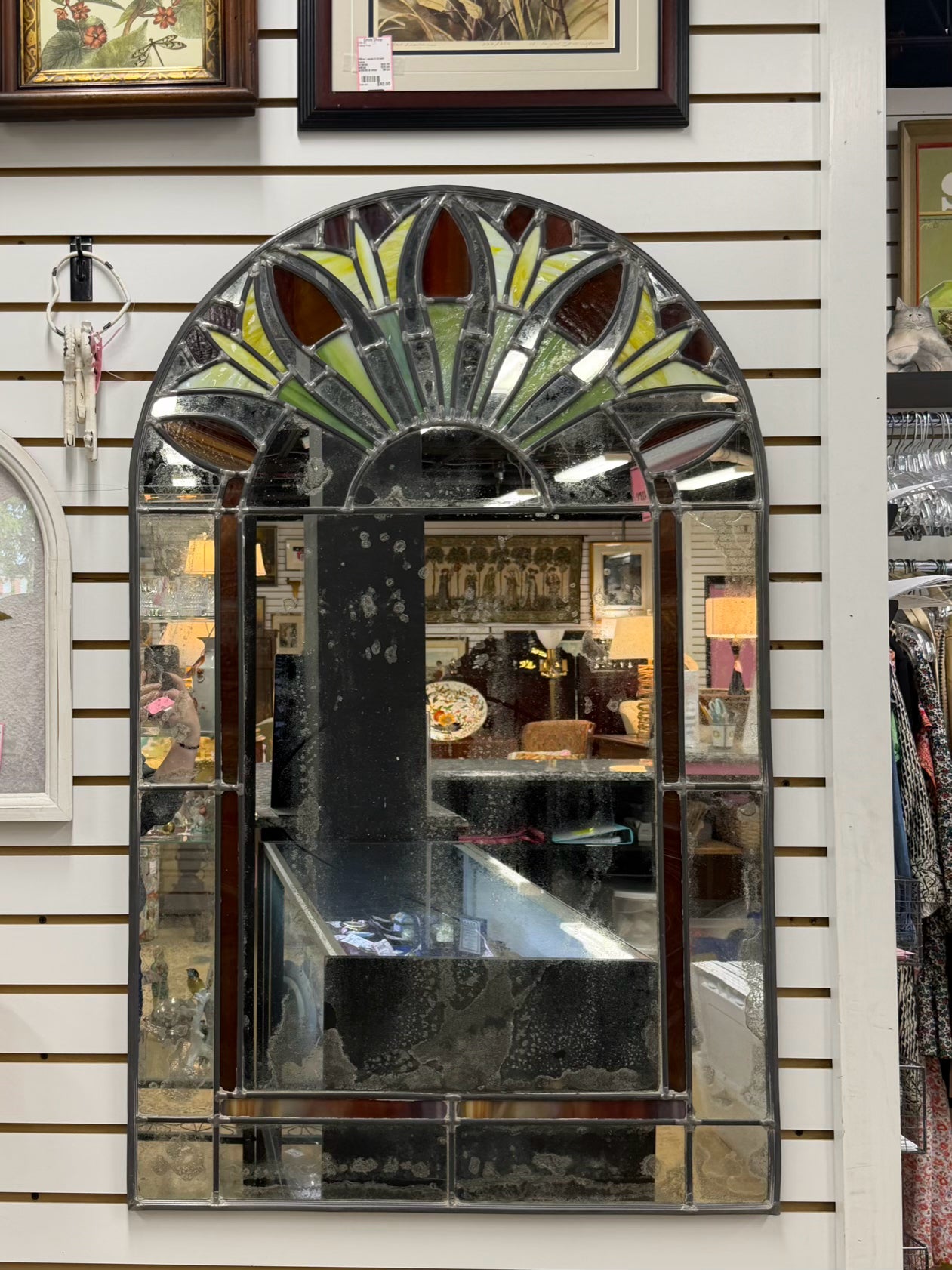 Stained Glass Arched Mirror w/ Flower Design