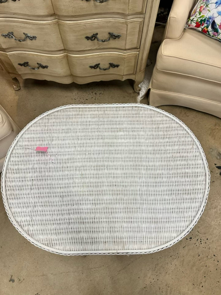 VINTAGE White Wicker Oval End Table w/ Open Shelf