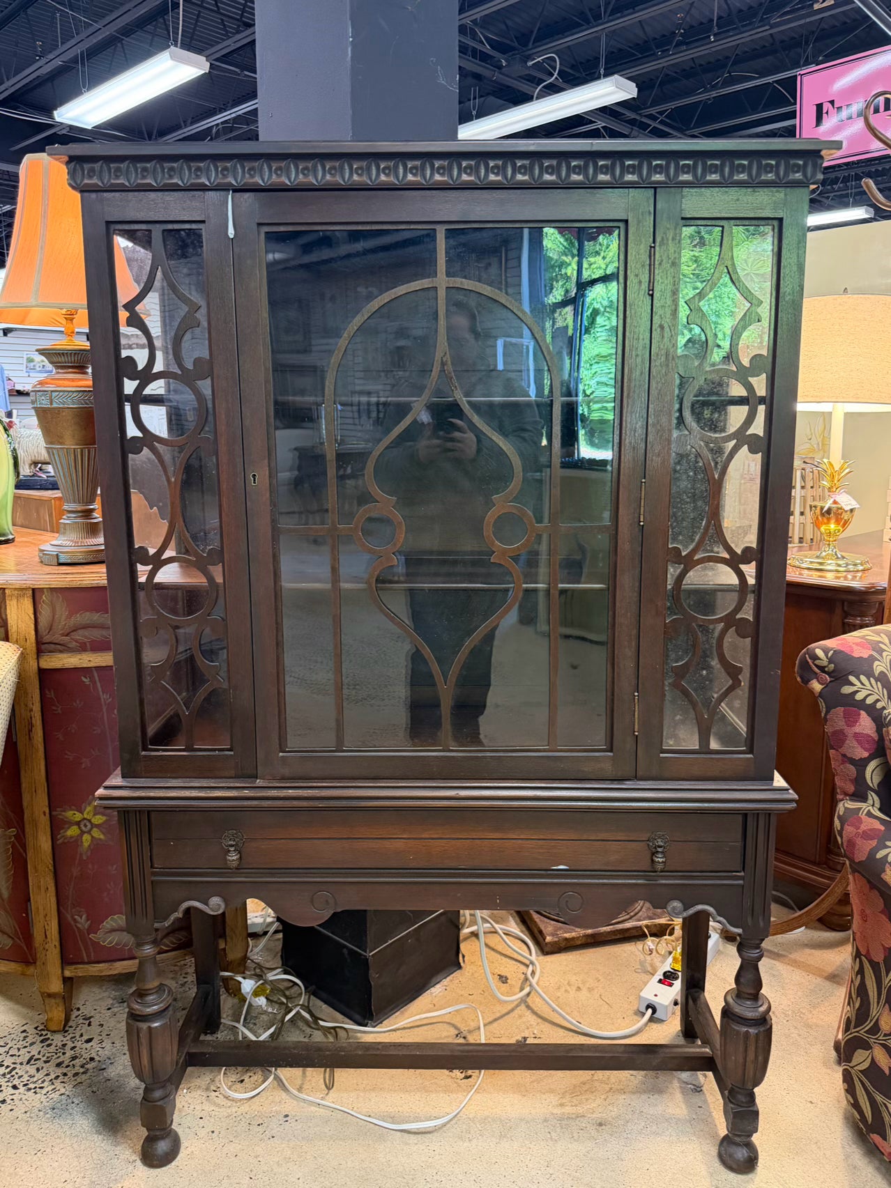 VINTAGE Dark Wood China Cabinet w/ Glass Door