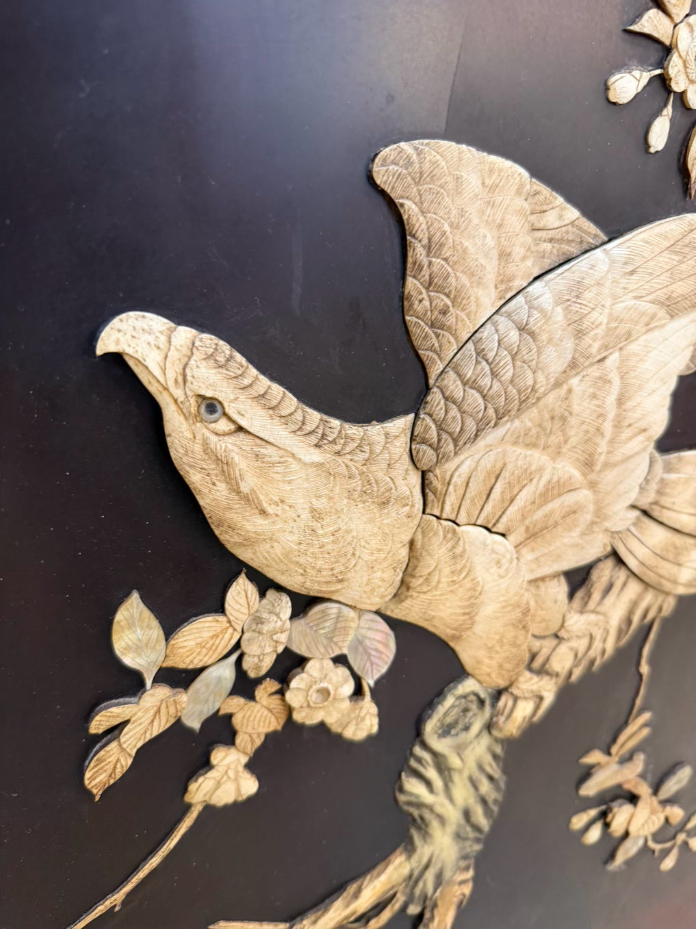 Black & Cream Oriental Carved Birds & Flowers 2 Panel Screen
