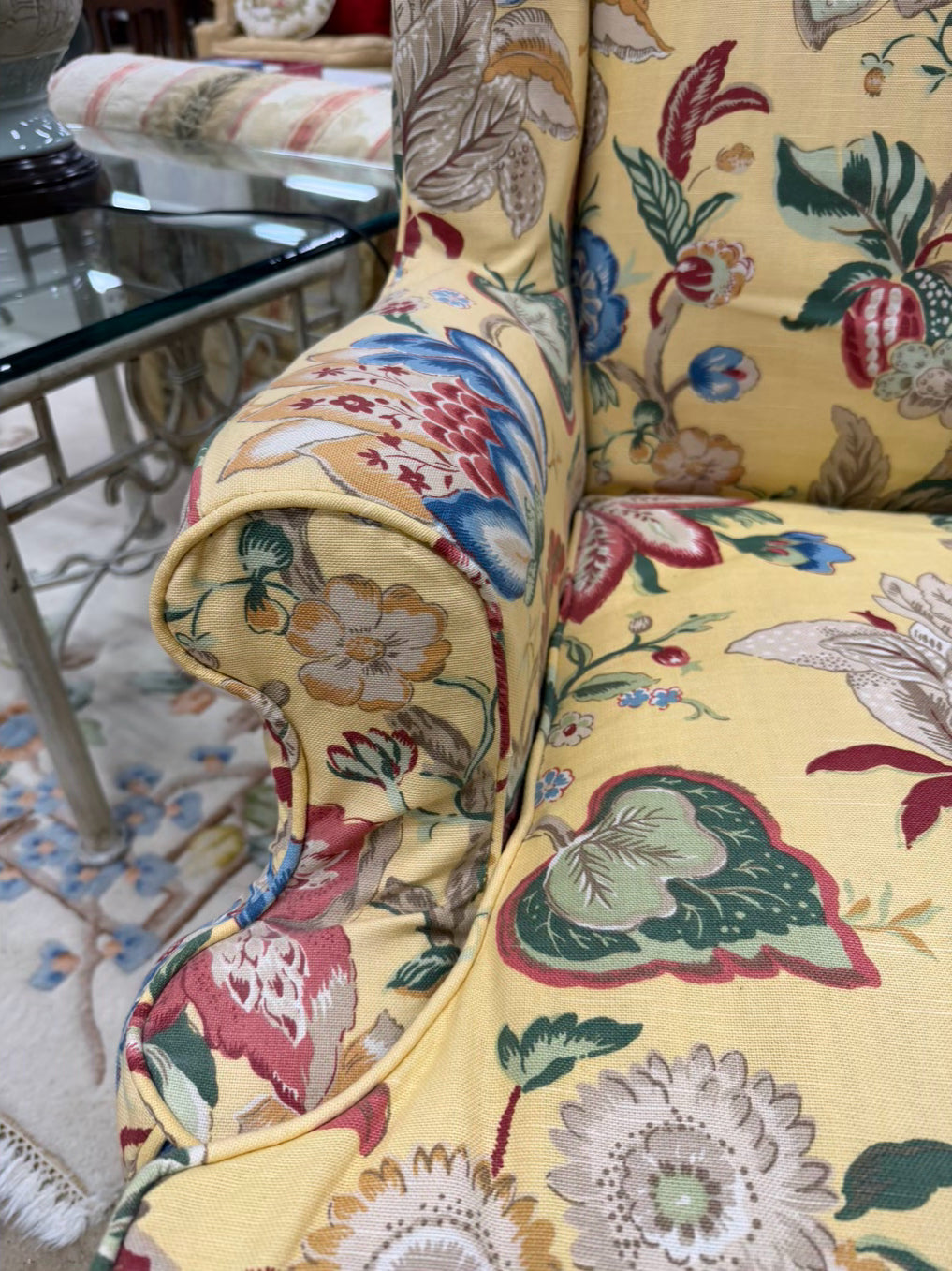 VINTAGE Yellow, Blue, Red & Green Floral Slip Covered Wingback Chair