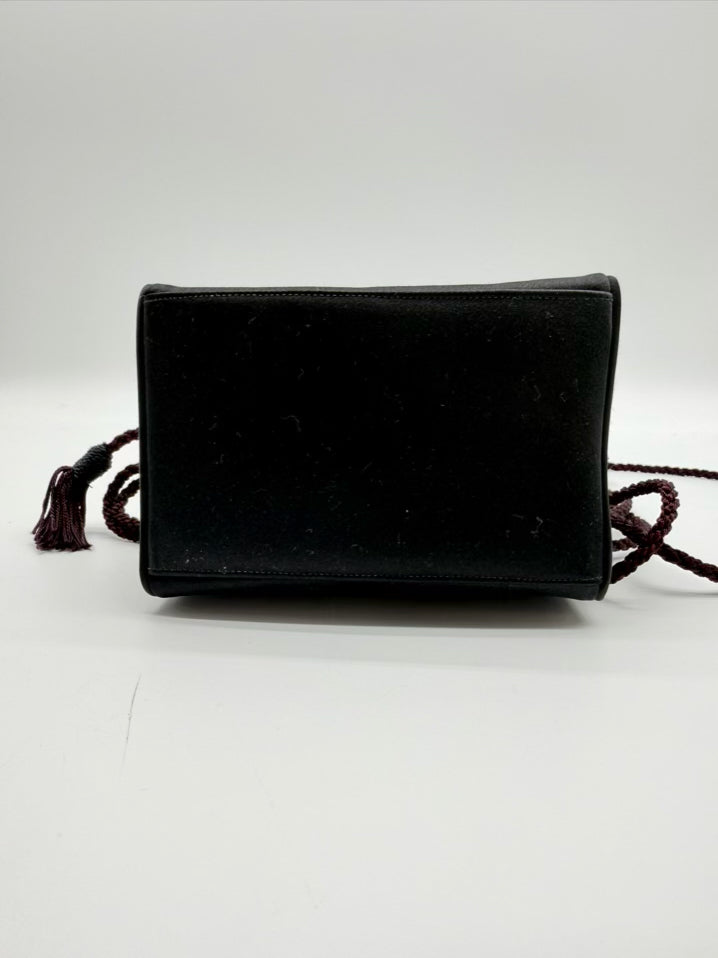 JUDITH LEIBER Black Satin Evening Bag w/ Gold Tone Heart Clasp