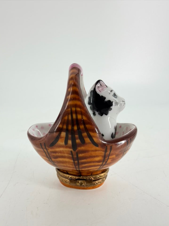 Limoges Black & White Porcelain Cat In Basket Trinket Box