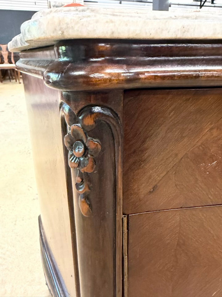 FRENCH White & Brown Commode Marble & Wood Nightstand w/ Drawer
