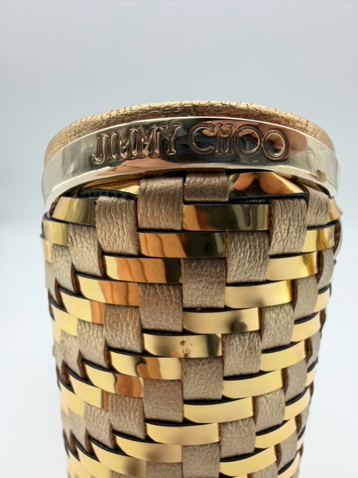 JIMMY CHOO WMNS Size 37.5 Almer Metallic Gold Woven Leather Wedge Sandals