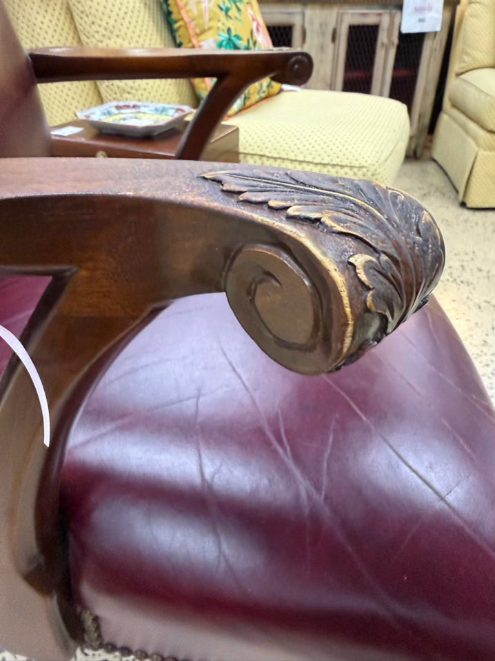 VINTAGE Red Queen Ann Wood Chair w/ Leather Upholstery
