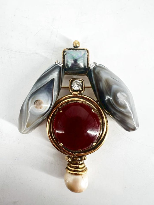 IRADJ MOINI Gold Tone Faux Pearl Gemstone Brooch