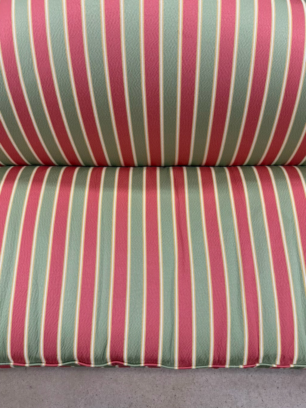 Salmon, Green & Yellow Striped Chippendale Sofa