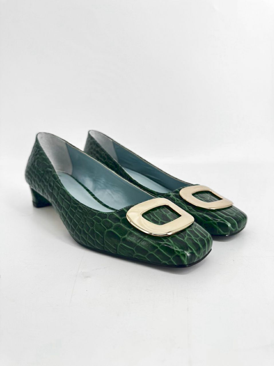 FRANCES VALENTINE Size 7.5 Green Embossed Leather Kitten Heels