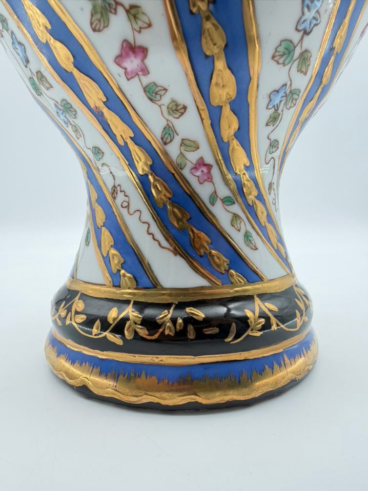 Blue, White, Pink & Green Amphora Floral Porcelain Pair Of Vases w/ Handles