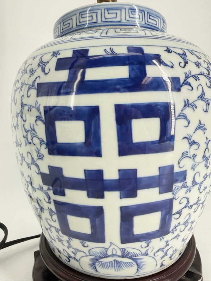 Blue & White Oriental Inspired Ceramic Ginger Jar Pair of Lamps w/ No Shades