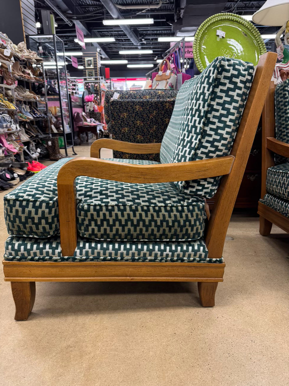 Wood Green Geometric Upholstered Pair of Chairs w/ Ottoman