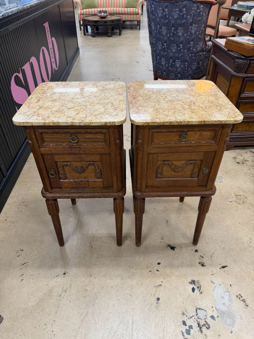 Light Oak Pair of End Tables w/ Stone Top