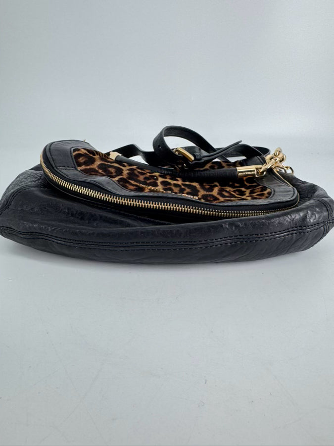 MICHAEL KORS Black Leather & Leopard Print Calf Hair Trim Stanthorpe Satchel