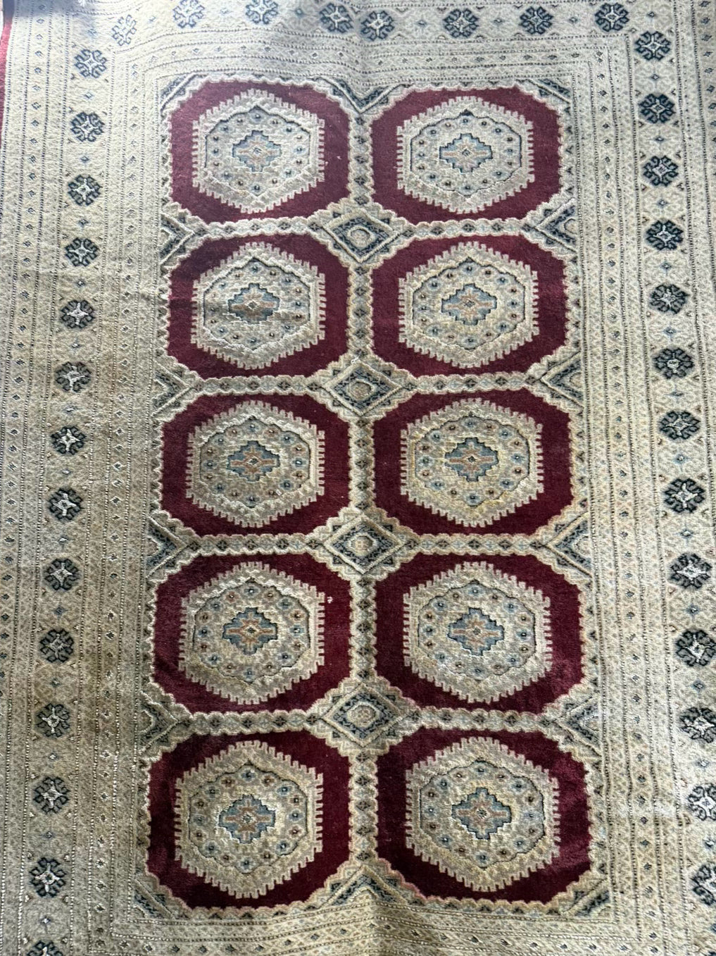TURKISH Burgundy & Cream Wool Jaldar Fringe Area Rug