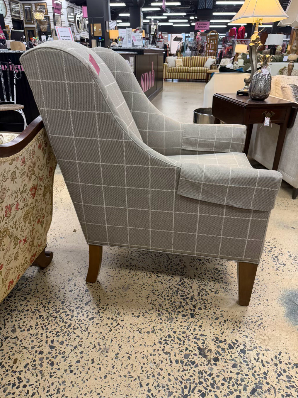 ETHAN ALLEN Tan Check Pair Of Wingback Chairs