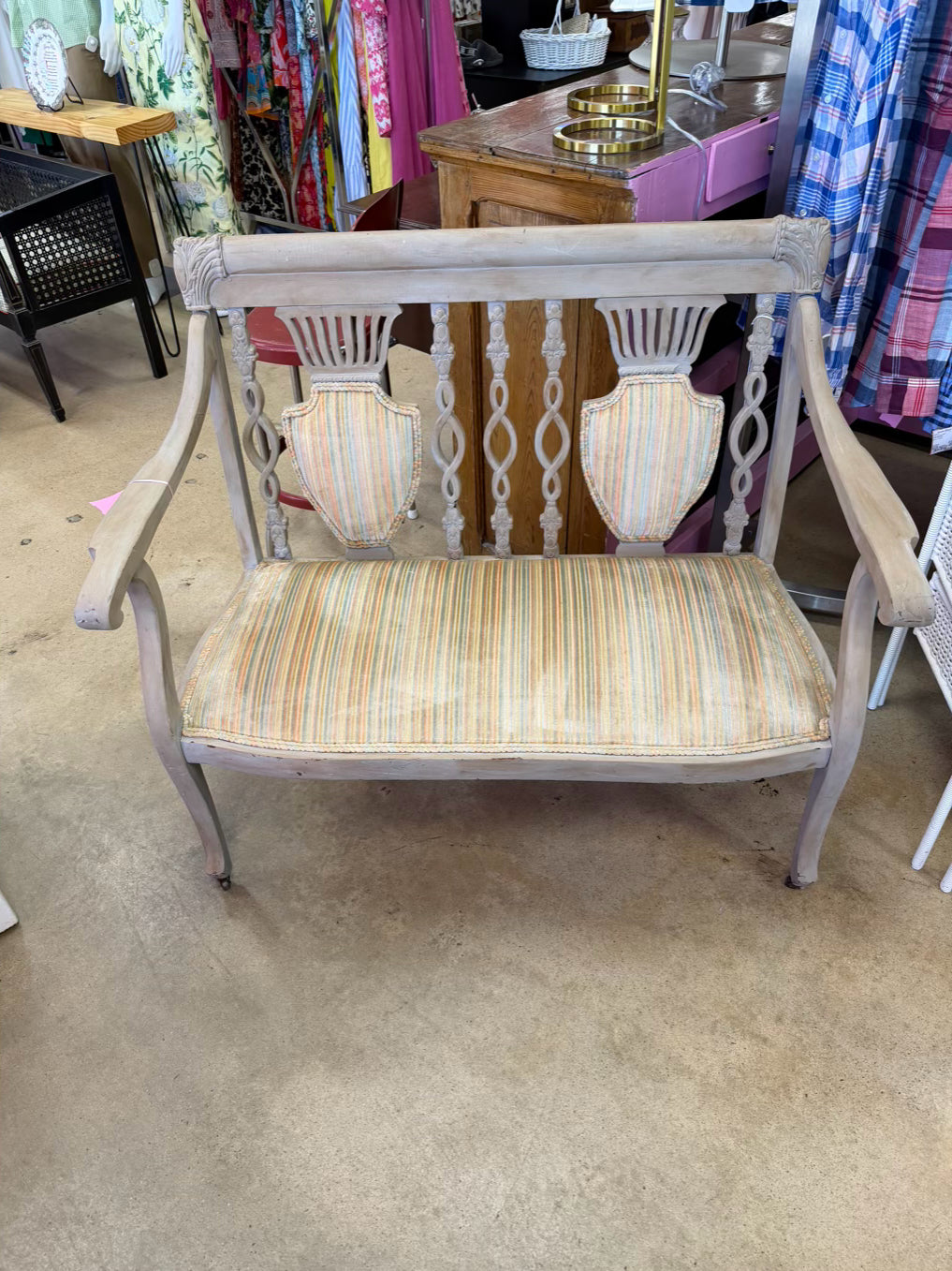 VINTAGE Gray Wood Painted French Bench